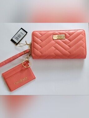 Bebe Quilted Coral-Peach Wallet Wristlet with Card Holder NWT
